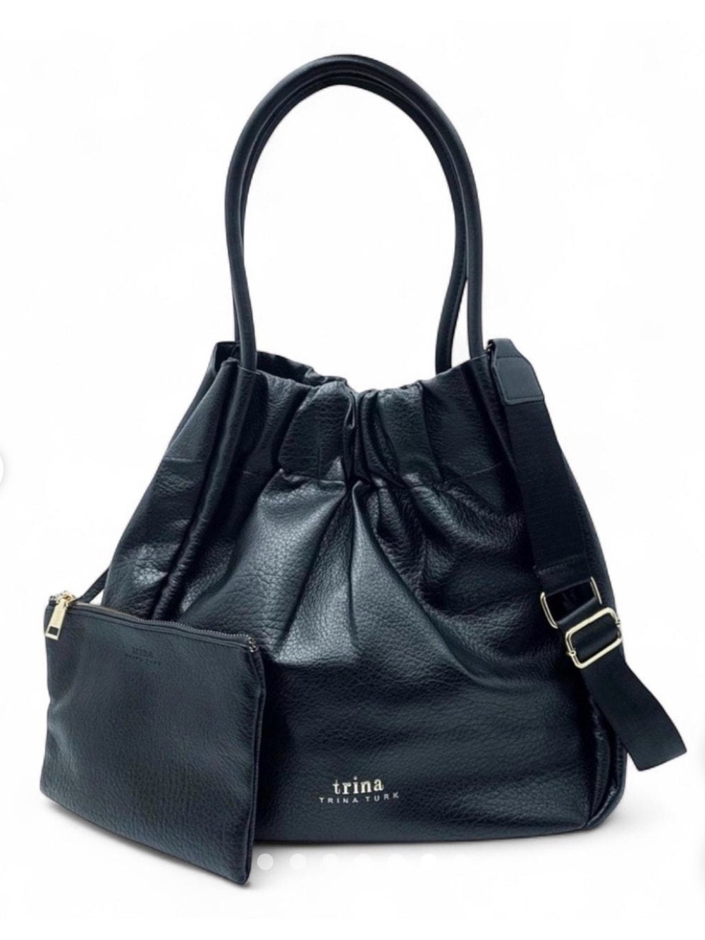 NWT Trina Turk Black Vegan Pebble Leather Medium Gathered Tote Bag